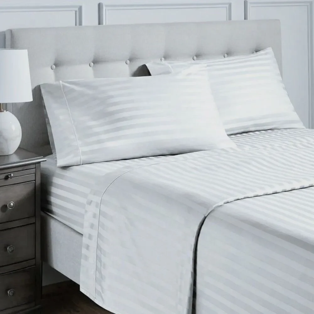 Hotel Style 600TC Egyptian Cotton Sateen 4pc King Size Sheet Set, White Stripe